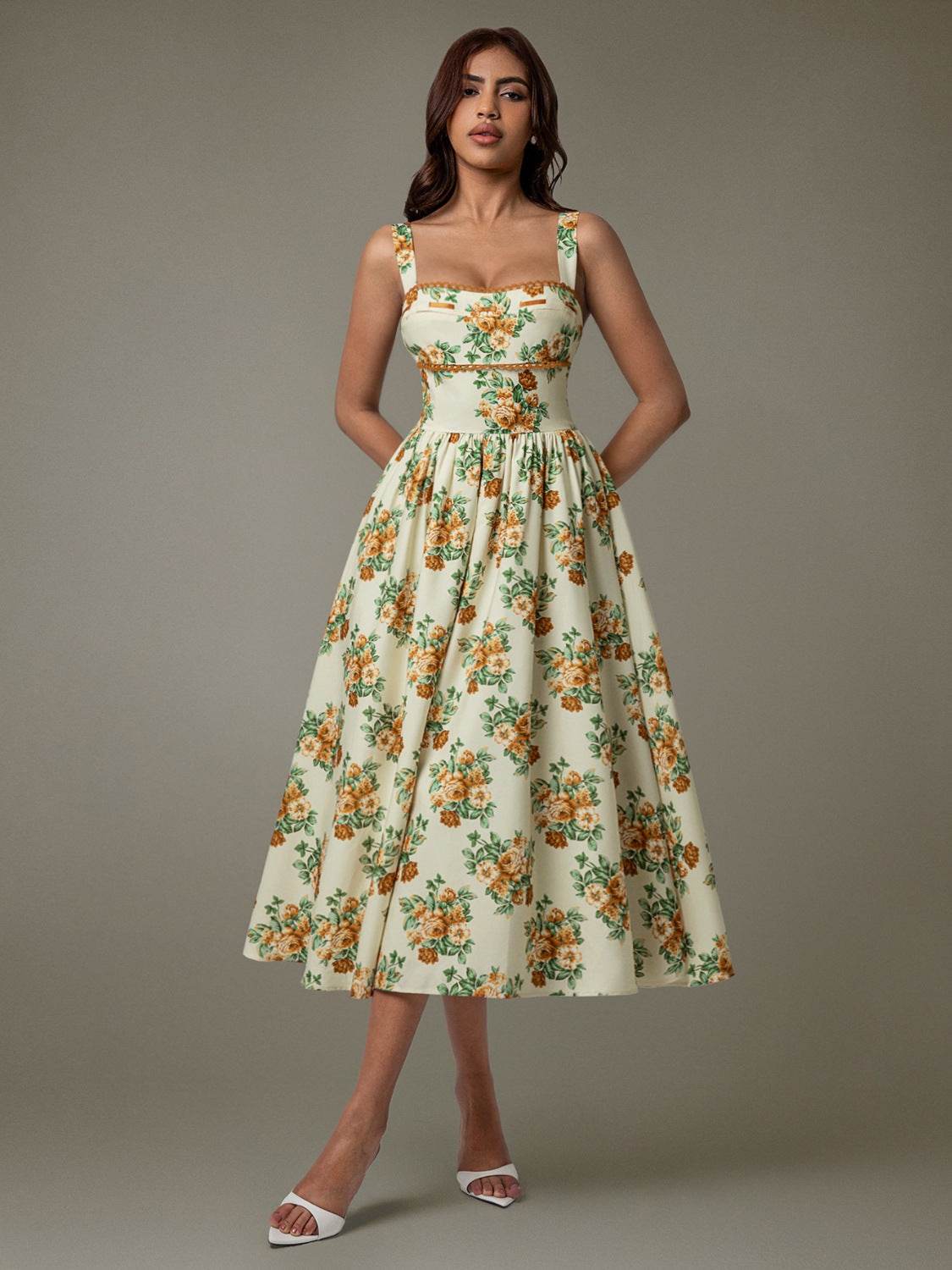 Lace Trim Floral Sleeveless Midi Dress - Selvanelle