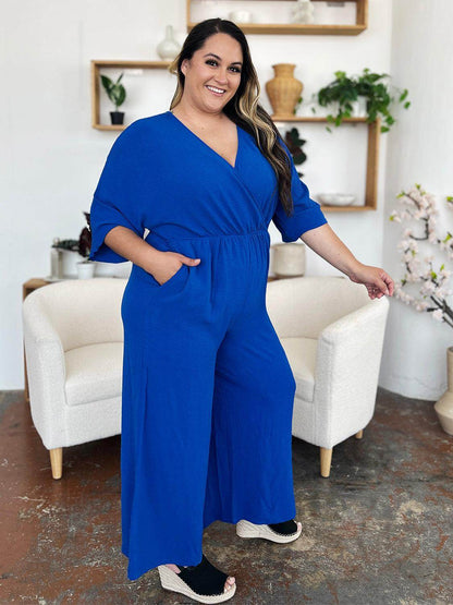 Double Take Full Size Surplice Wide Leg Jumpsuit with Pockets - Selvanelle