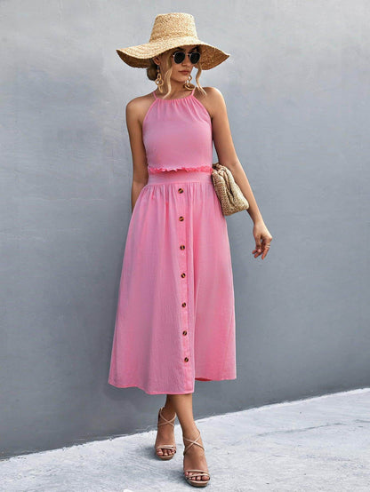 Buttoned Halter Neck Frill Trim Midi Dress for Chic Style - Selvanelle