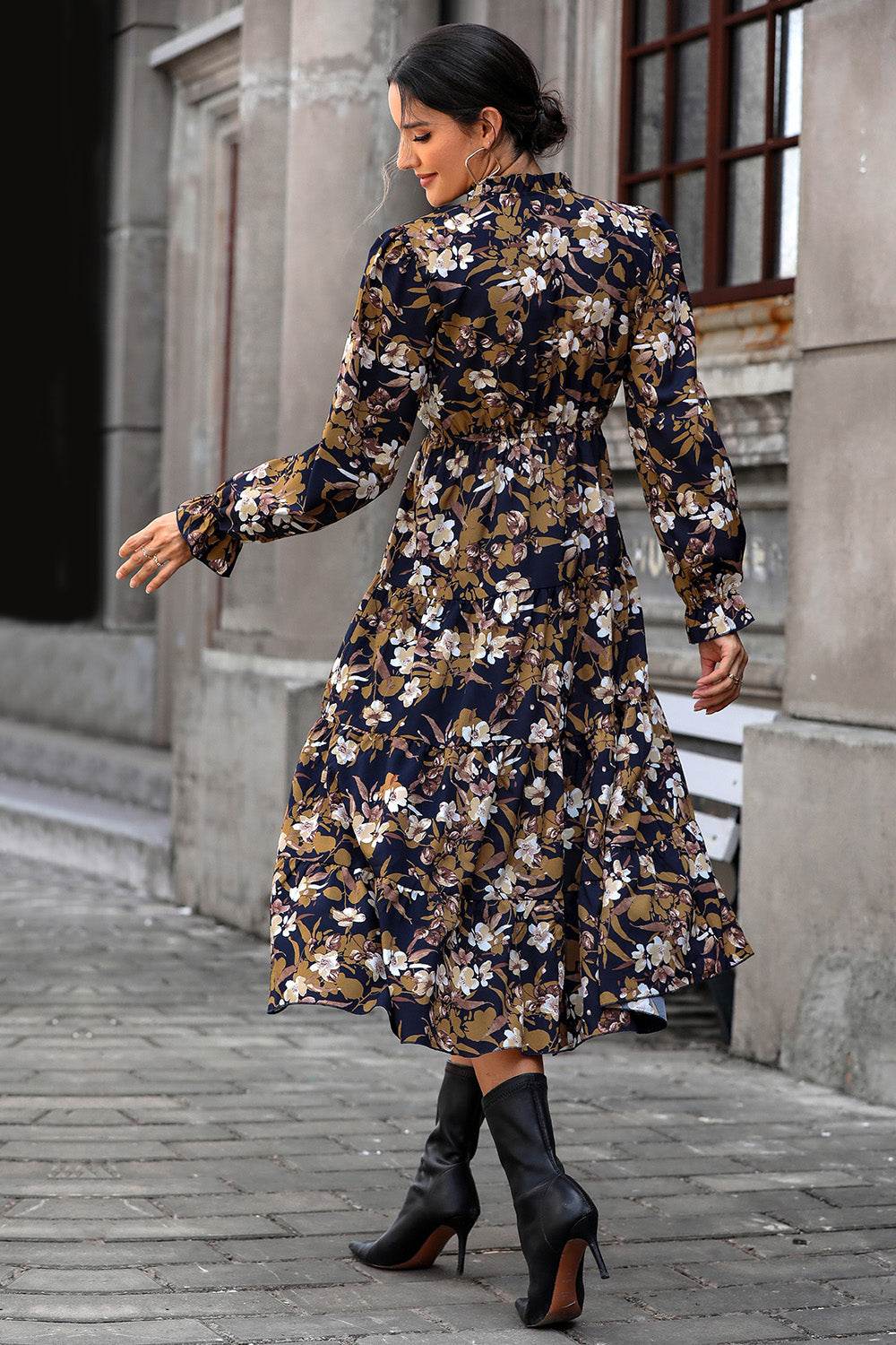Perfee Floral Flounce Sleeve Tiered Dress - Selvanelle