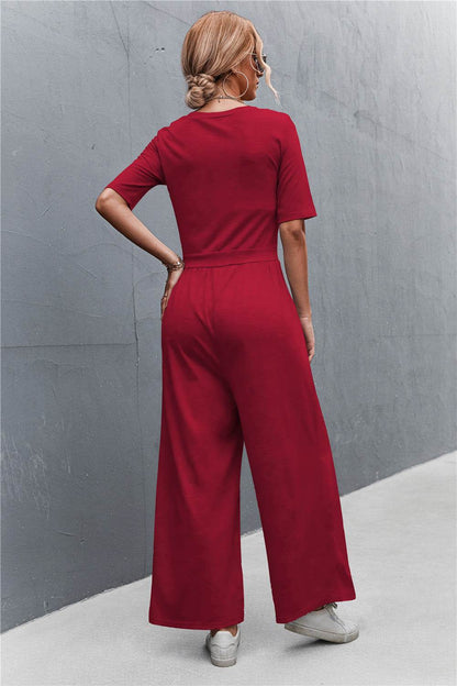 Scoop Neck Half Sleeve Wide Leg Jumpsuit - Selvanelle