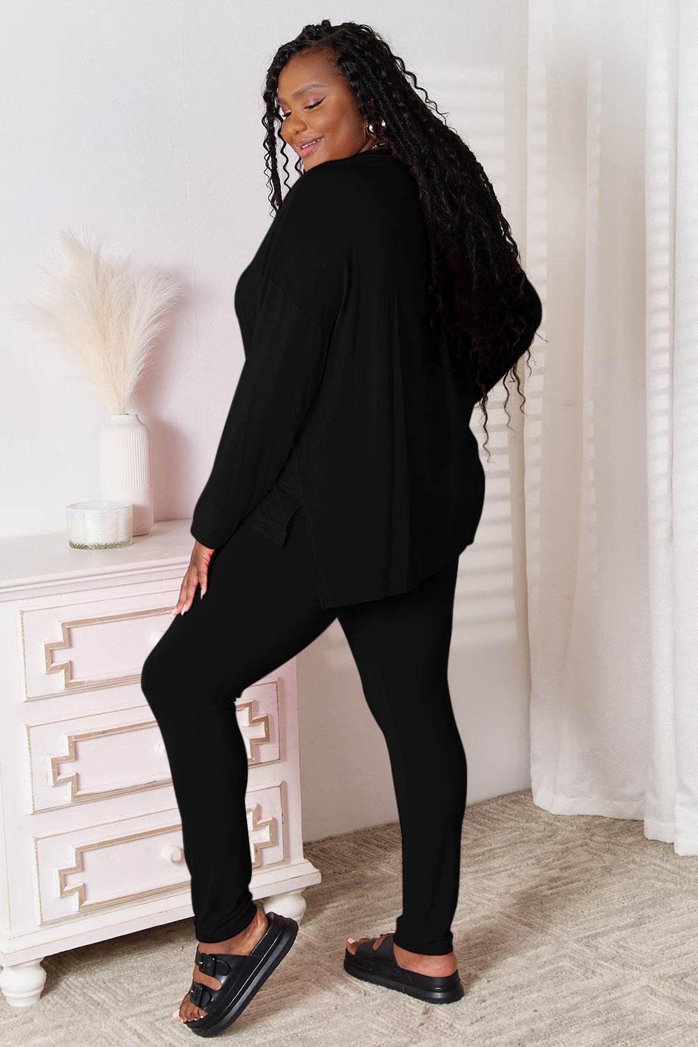 Basic Bae Bamboo Full Size V-Neck Long Sleeve Top and Pants Lounge Set - Selvanelle