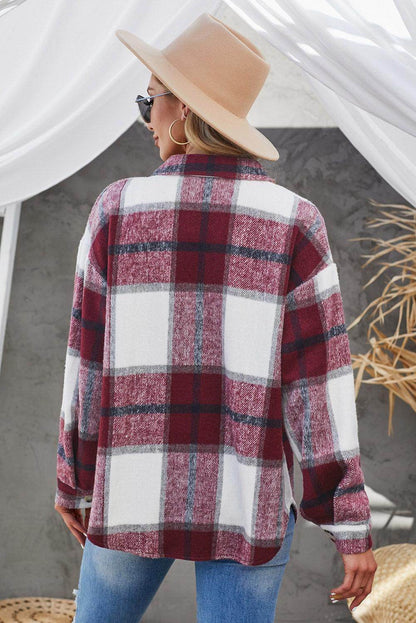 Plaid Button Up Dropped Shoulder Jacket for Women Stylish - Selvanelle