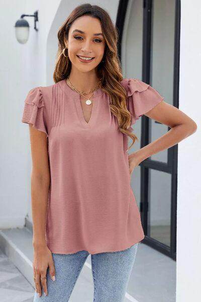 Ruffled Notched Short Sleeve Blouse for Women Fashion - Selvanelle