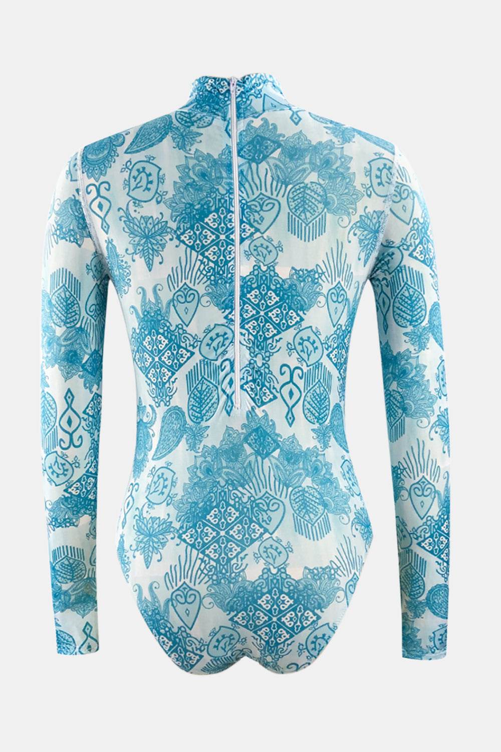 Printed Mock Neck Long Sleeve One-Piece Swimwear - Selvanelle
