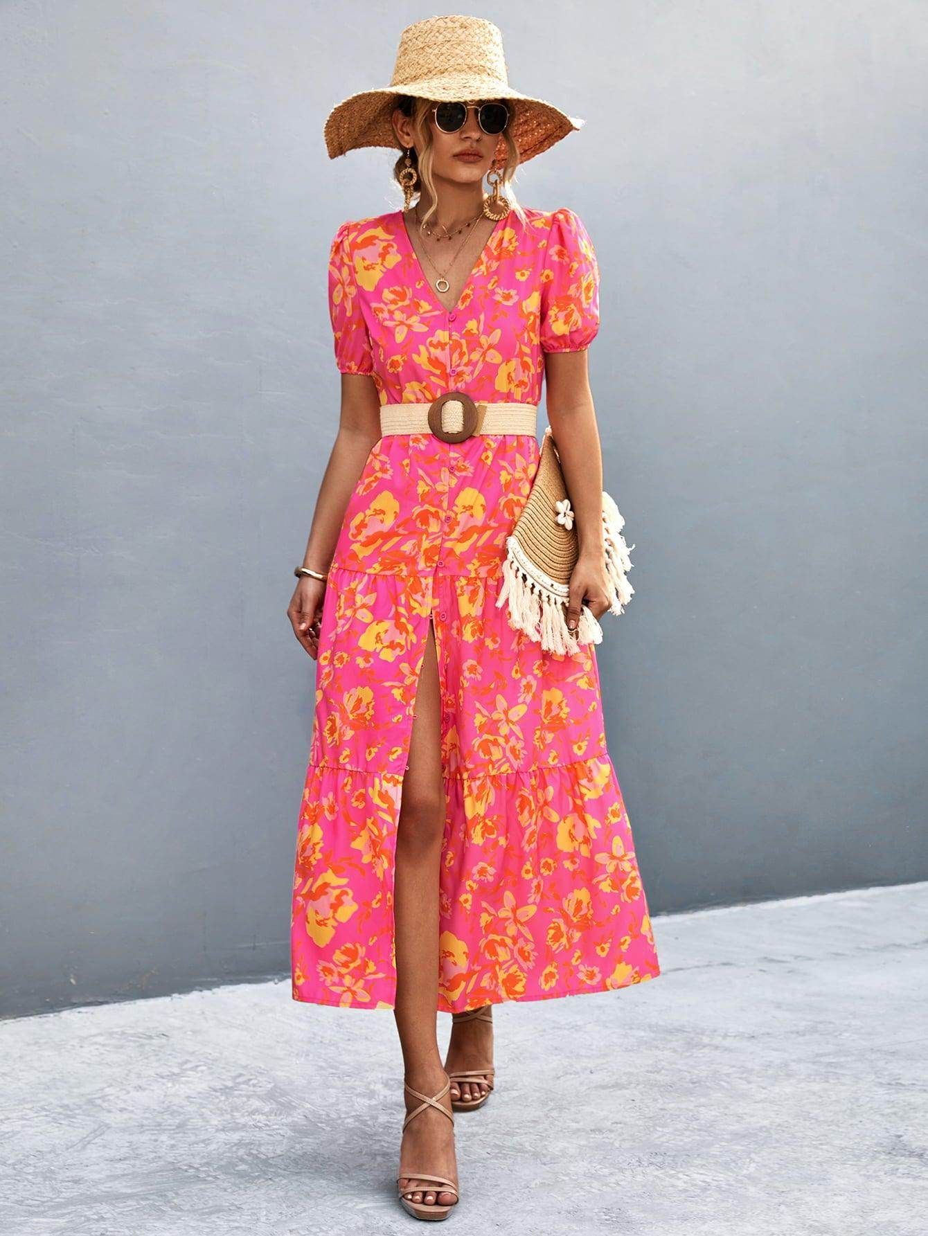 V-Neck Short Sleeve High Slit Midi Dress for Chic Style - Selvanelle
