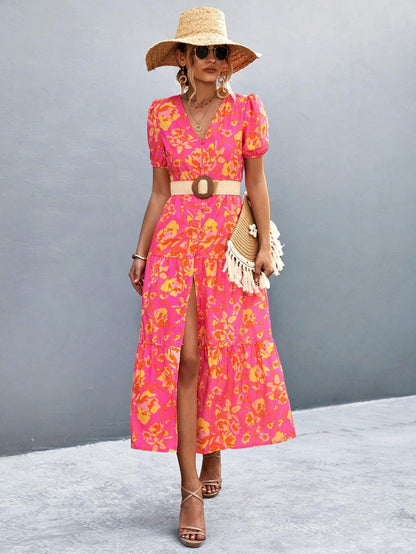 V-Neck Short Sleeve High Slit Midi Dress for Chic Style - Selvanelle
