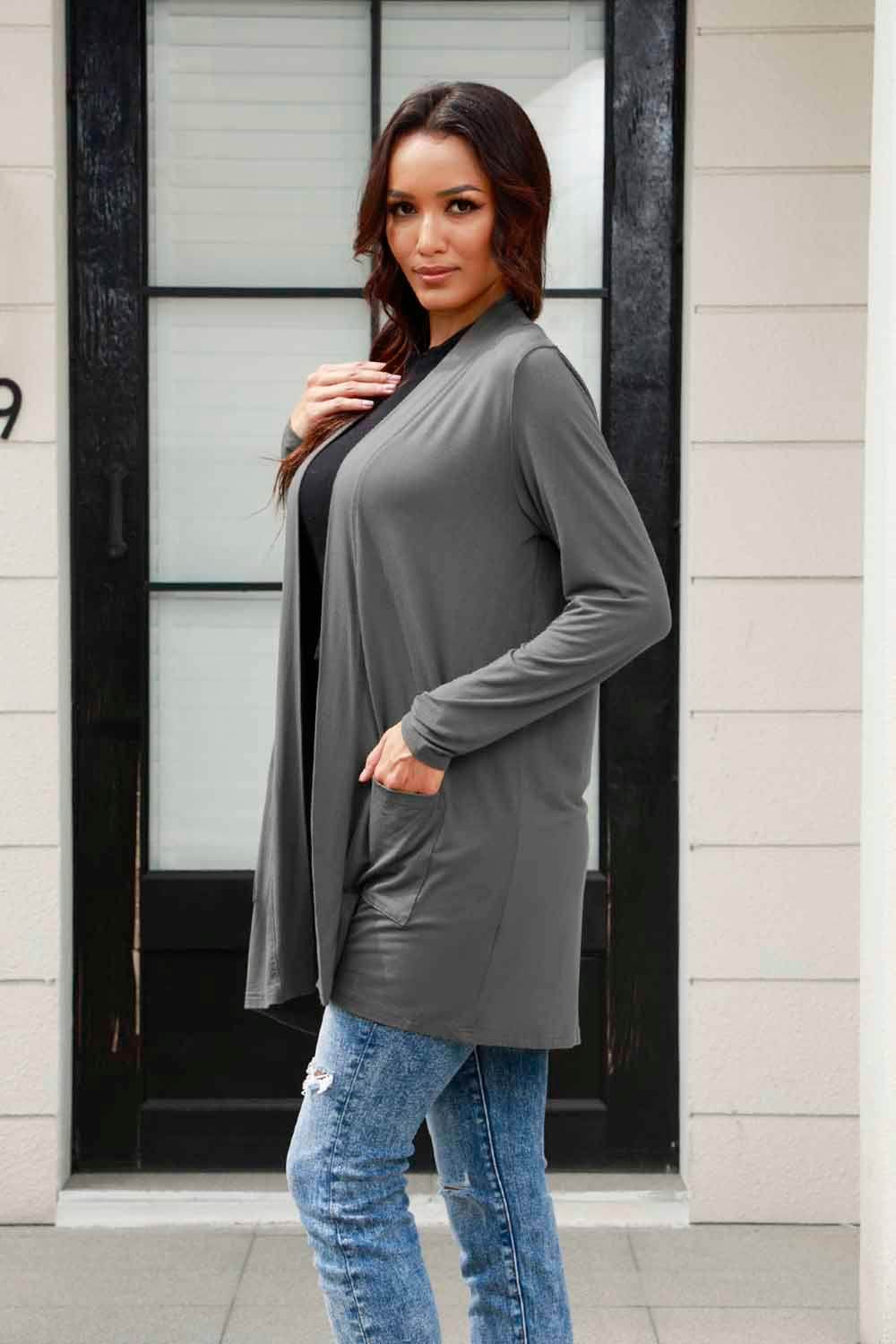 Basic Bae Full Size Open Front Long Sleeve Cardigan with Pockets - Selvanelle