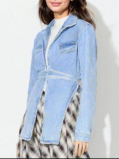 Asymmetric Slit Collared Neck Long Denim Top for Women - Selvanelle