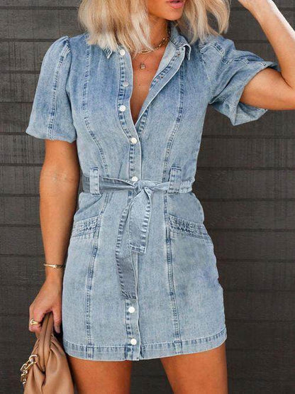 Puff Sleeve Button Up Mini Denim Dress for Women Fashion - Selvanelle
