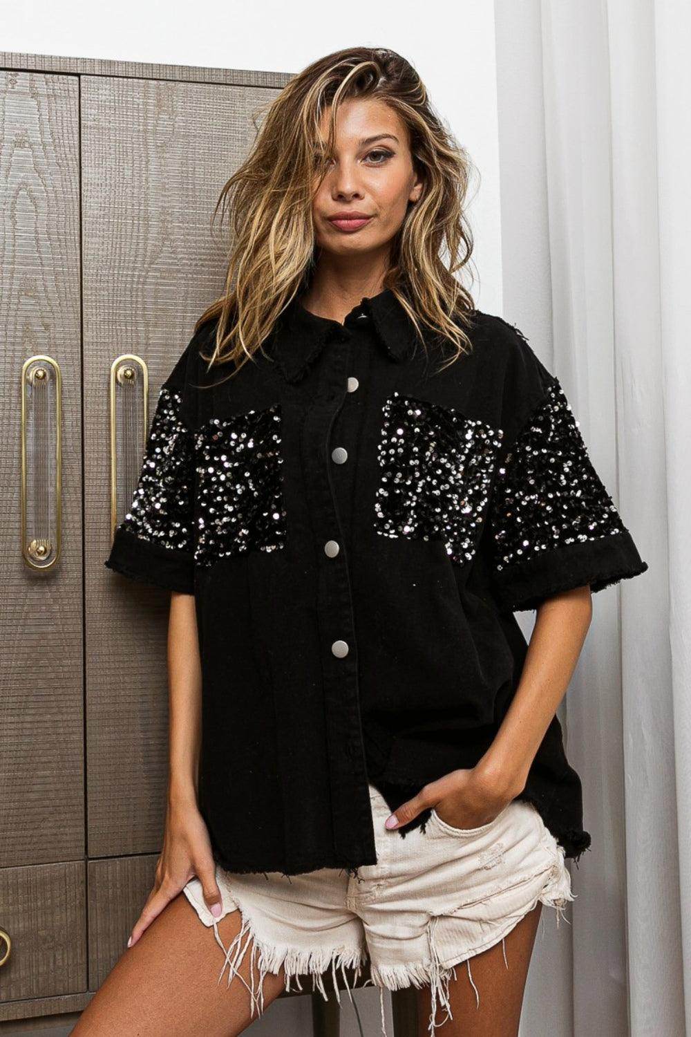 BiBi Sequin Detail Raw Hem Short Sleeve Shirt for Women - Selvanelle