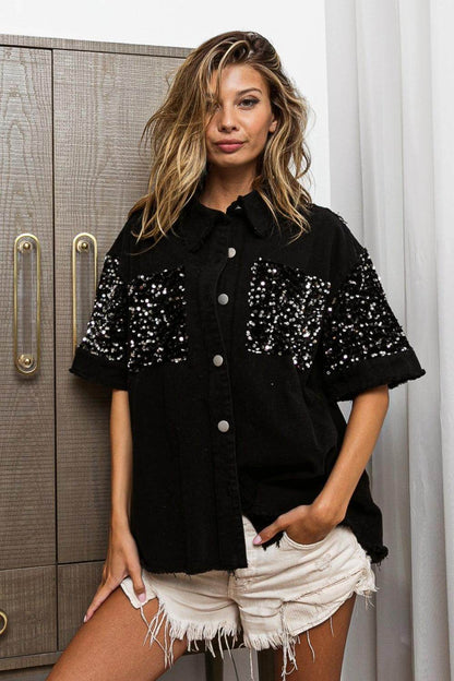 BiBi Sequin Detail Raw Hem Short Sleeve Shirt for Women - Selvanelle