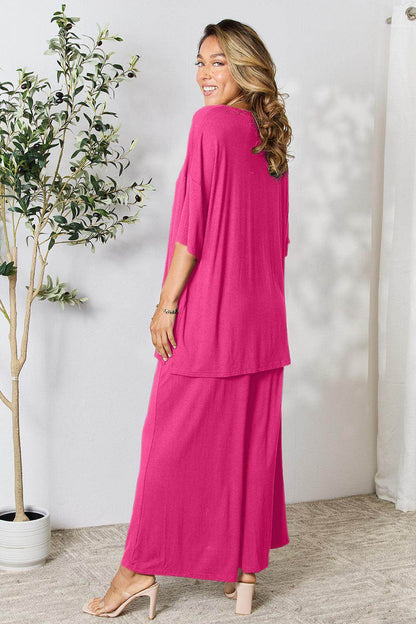 Double Take Full Size Round Neck Slit Top and Pants Set - Selvanelle