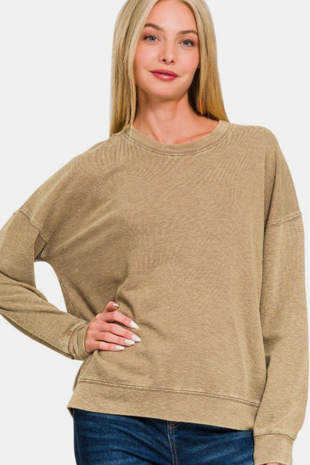 Zenana Washed Round Neck Dropped Shoulder Sweatshirt for Women