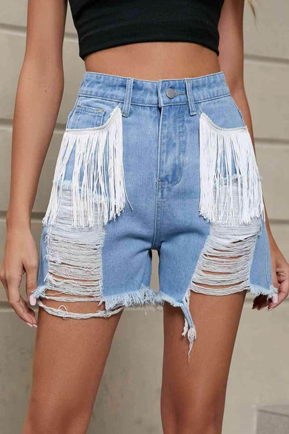 Fringe Trim Distressed Denim Shorts with Pockets for Women - Selvanelle