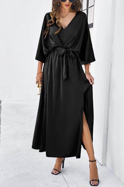 Devine Slit Tied V-Neck Three-Quarter Sleeve Dress for Women - Selvanelle