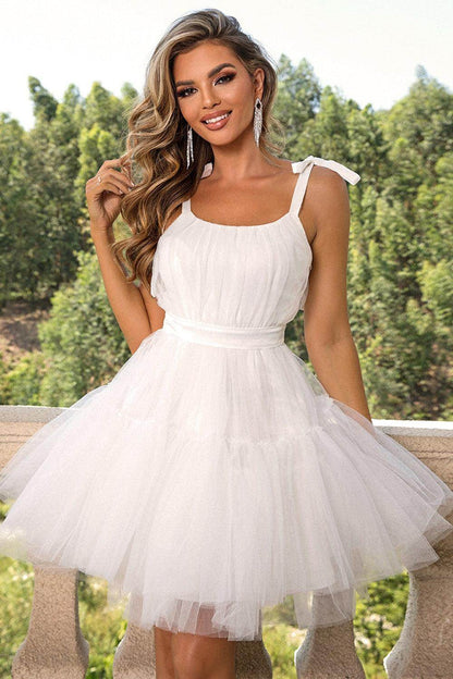 Elegant Tie-Shoulder Mesh Dress with Lace Detail - Selvanelle