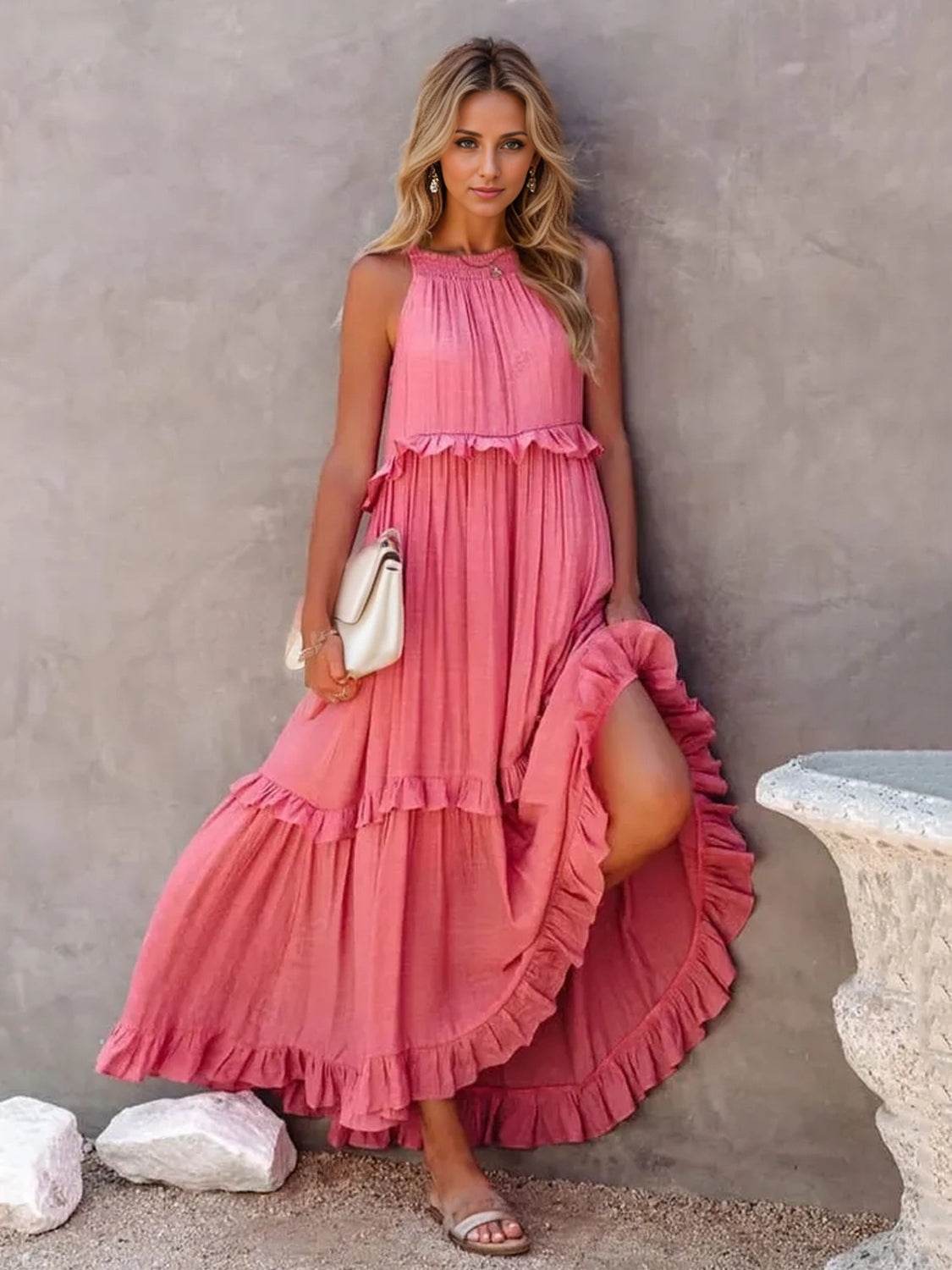 Ruffled Sleeveless Tiered Maxi Dress with Pockets - Selvanelle