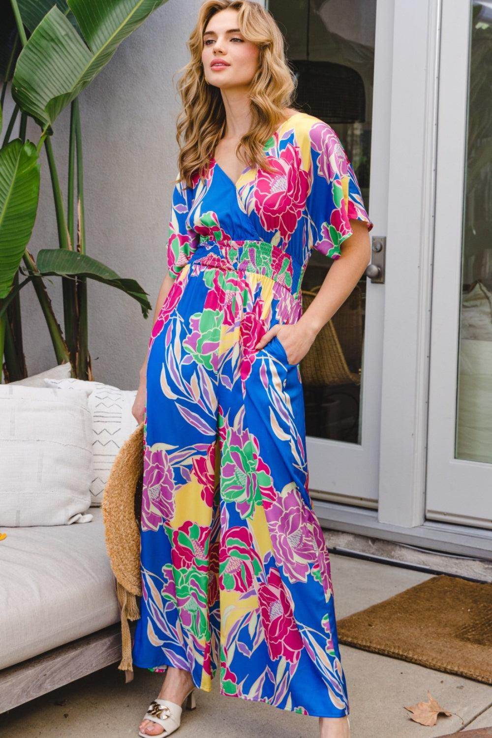 ODDI Full Size Floral Smocked Tied Back Jumpsuit for Women - Selvanelle
