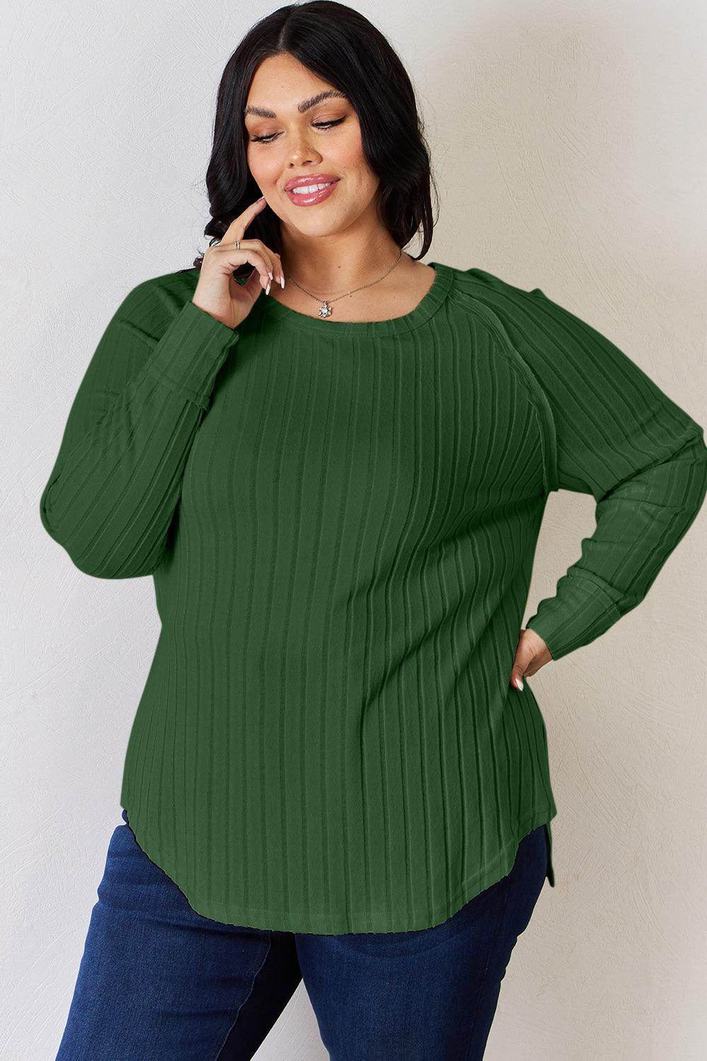 Basic Bae Full Size Ribbed Round Neck Slit T-Shirt for Women - Selvanelle