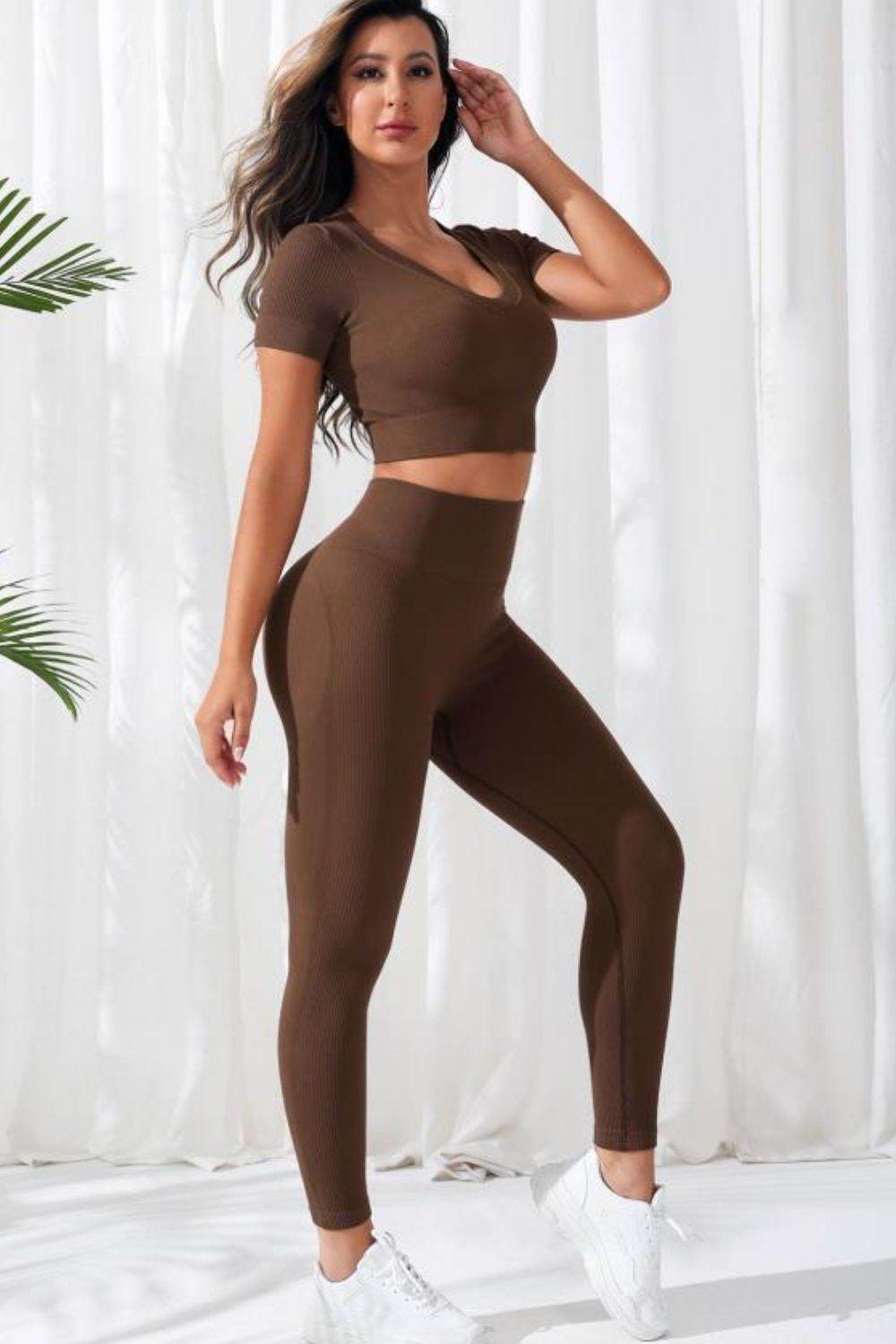 V-Neck Crop Top and High Waistband Long Active Pants - Selvanelle