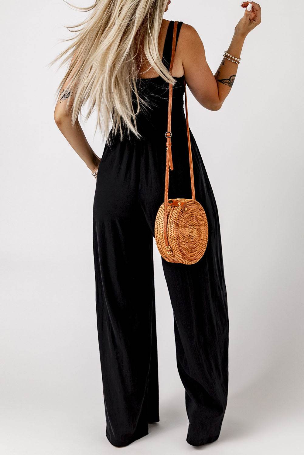 Smocked Square Neck Wide Leg Jumpsuit with Pockets - Selvanelle