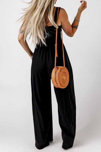 Smocked Square Neck Wide Leg Jumpsuit with Pockets - Selvanelle