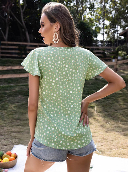 Ivy Lane Ruffled Floral Tie Neck Short Sleeve Blouse - Selvanelle