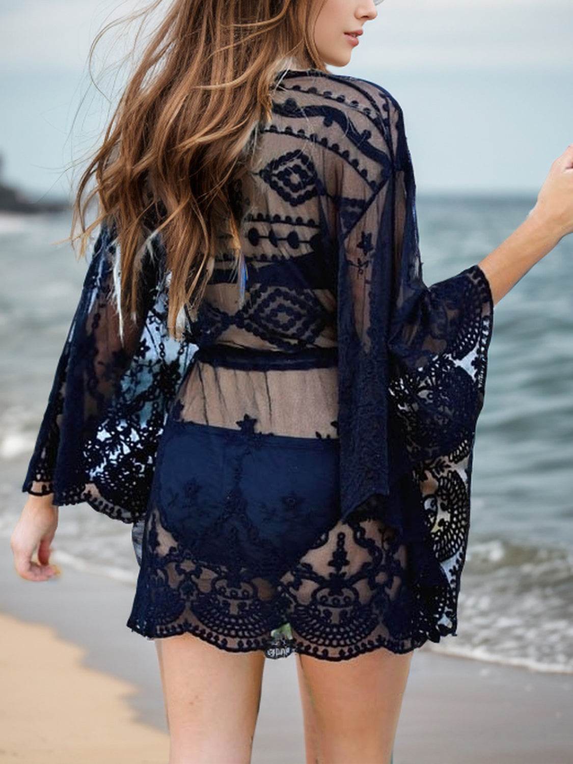 Lace V-Neck Three-Quarter Sleeve Cover Up - Selvanelle