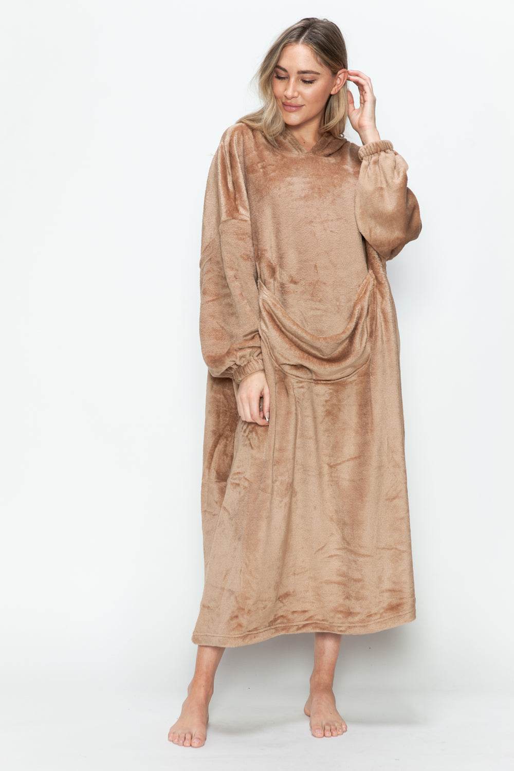 Double Take Full Size Pocketed Hooded Midi Lounge Dress - Selvanelle
