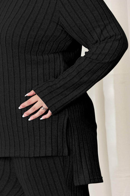 Basic Bae Full Size Ribbed High-Low Top and Wide Leg Pants Set - Selvanelle