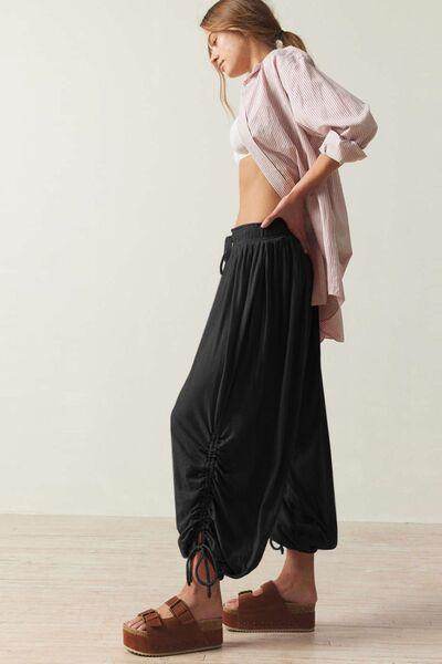Drawstring Ruched Pants for Women in Sheer Opaque Style - Selvanelle