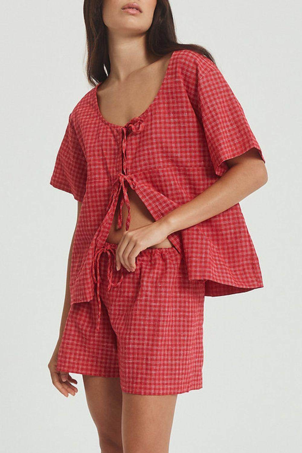 Plaid Tied Scoop Neck Short Sleeve Top and Drawstring Shorts Set - Selvanelle