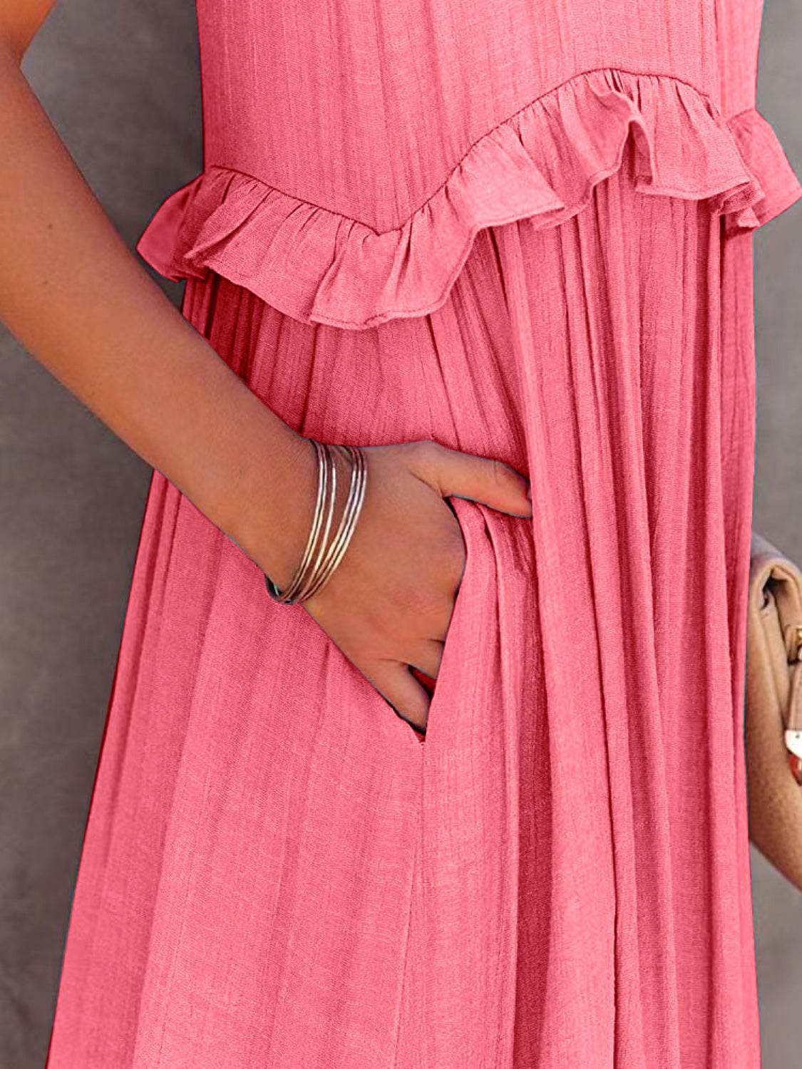 Ruffled Sleeveless Tiered Maxi Dress with Pockets - Selvanelle