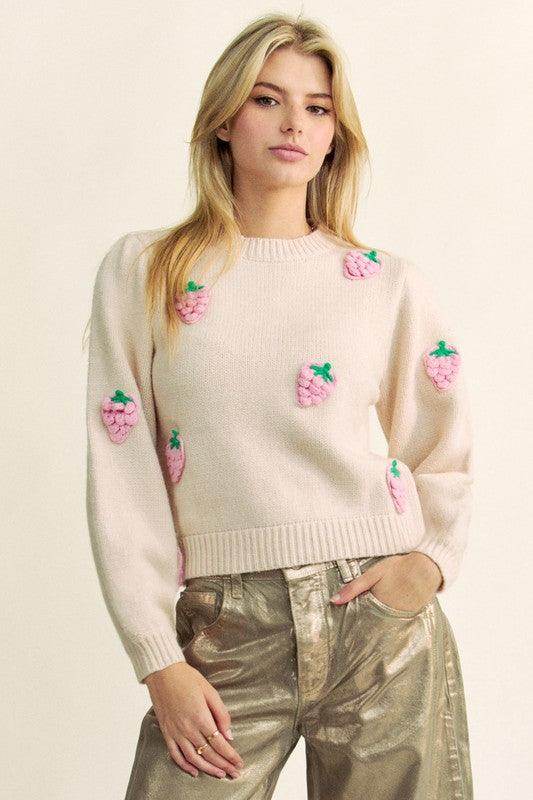 Davi & Dani Crochet Strawberry Round Neck Sweater for Women - Selvanelle
