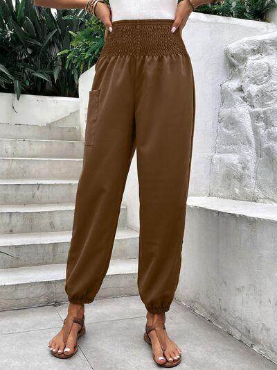 Smocked High Rise Joggers with Pockets for Women - Selvanelle