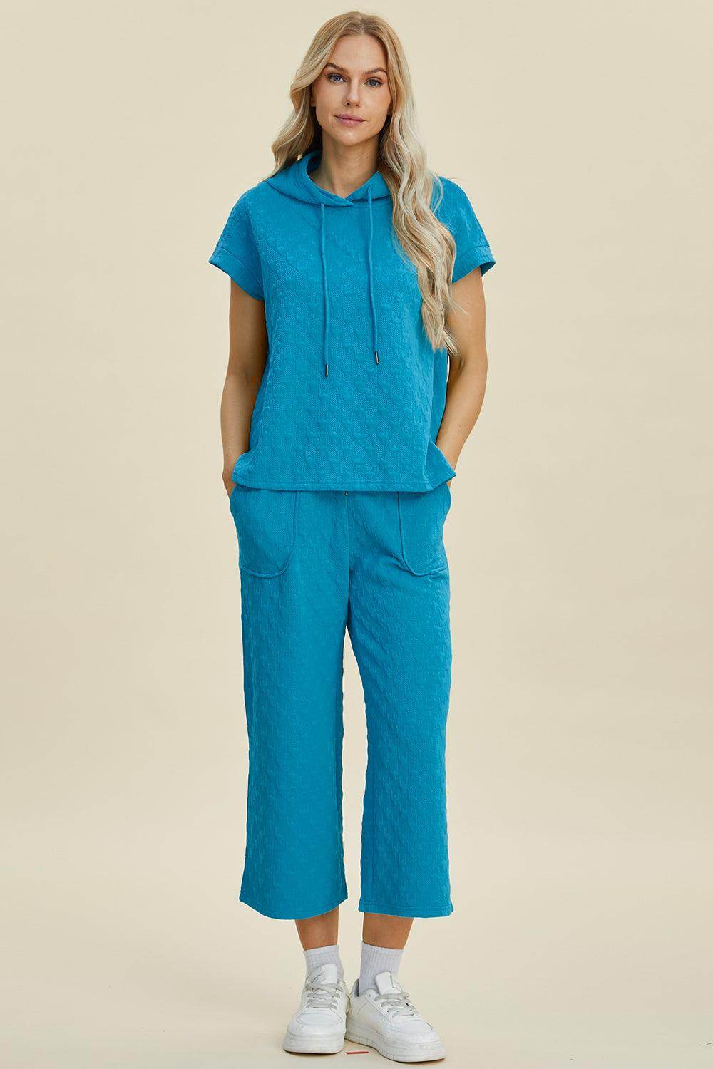 Double Take Full Size Texture Hoodie and Pants Set - Selvanelle