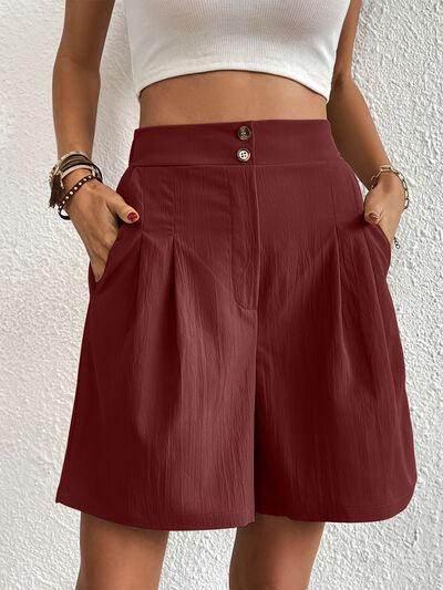 Pocketed Half Elastic Waist Shorts with Side Pockets - Selvanelle