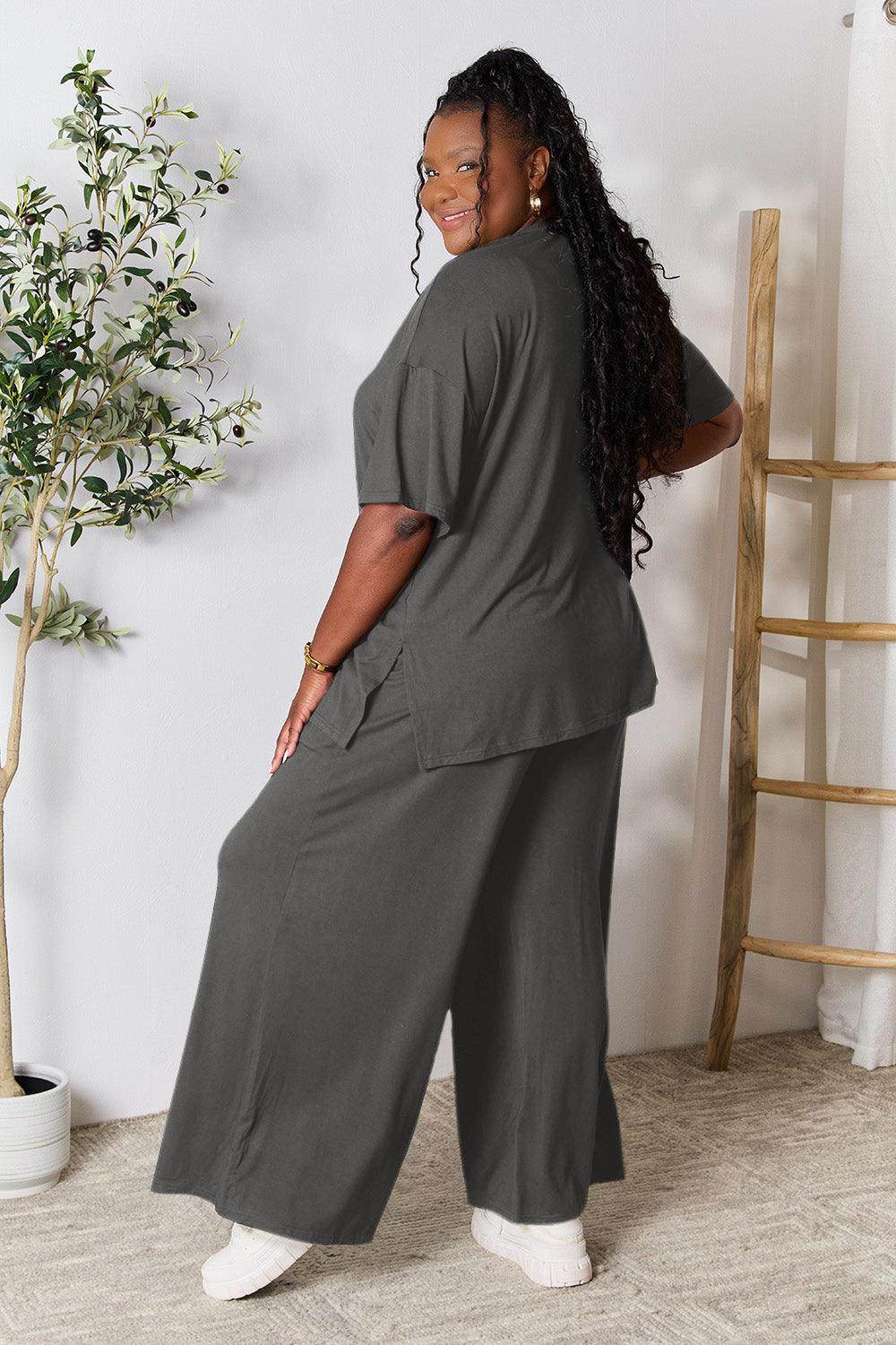 Double Take Full Size Round Neck Slit Top and Pants Set - Selvanelle