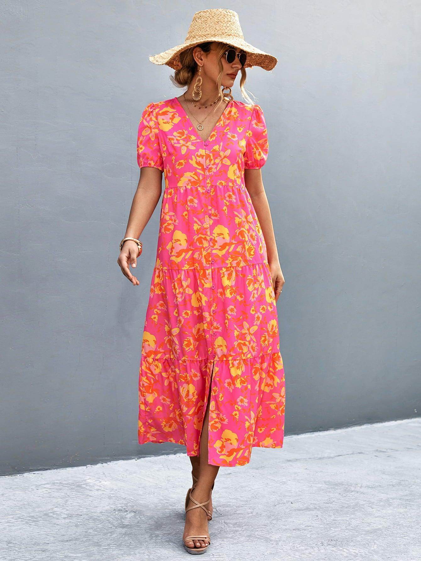 V-Neck Short Sleeve High Slit Midi Dress for Chic Style - Selvanelle