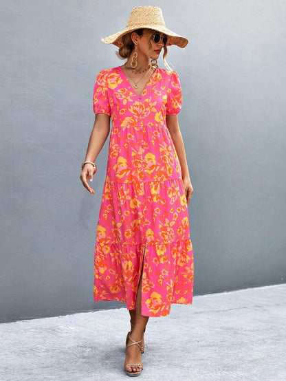 V-Neck Short Sleeve High Slit Midi Dress for Chic Style - Selvanelle