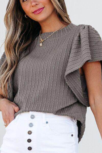 Textured Round Neck Flounce Sleeve Blouse for Stylish Wear - Selvanelle