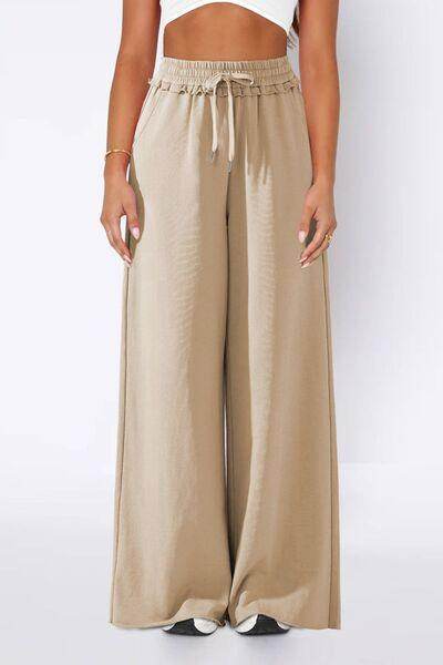 High Waist Wide Leg Pants with Pockets and Frill Detail - Selvanelle