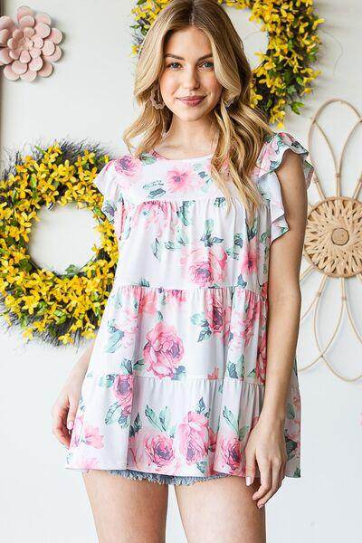 Heimish Full Size Butterfly Short Sleeve Floral Tiered Top - Selvanelle