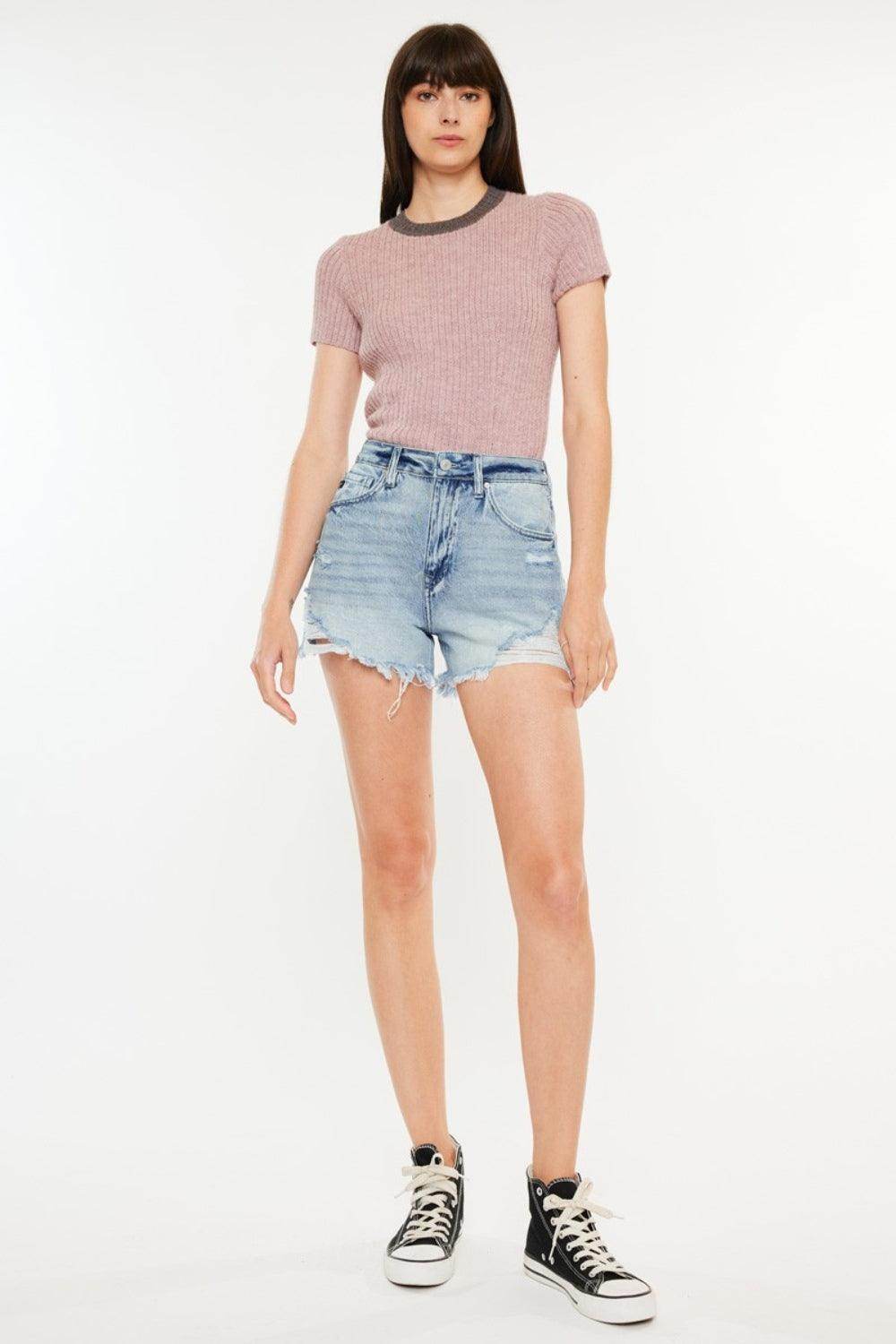 Kancan Distressed High Waist Denim Shorts with Pockets - Selvanelle