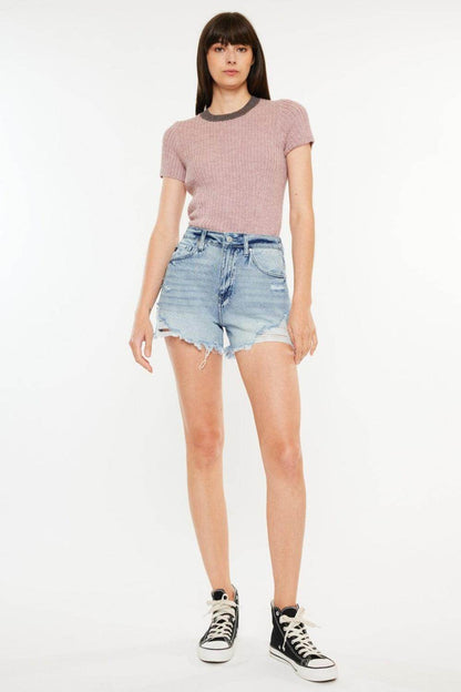 Kancan Distressed High Waist Denim Shorts with Pockets - Selvanelle