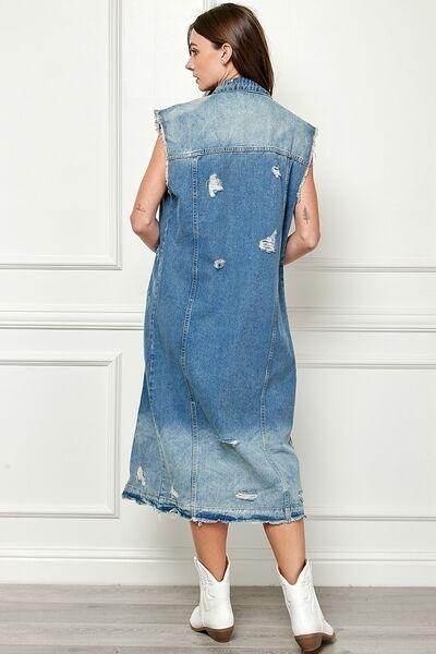 Veveret Full Size Distressed Sleeveless Longline Denim Jacket - Selvanelle