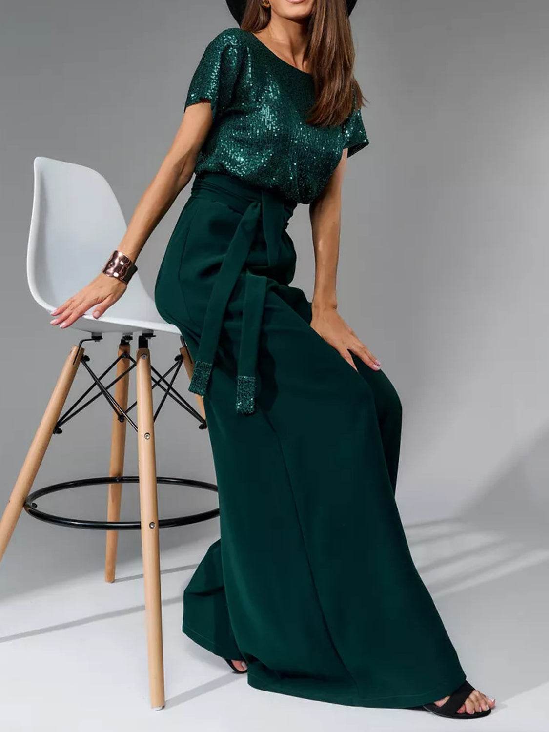 Full Size Sequin Round Neck Short Sleeve Wide Leg Jumpsuit - Selvanelle