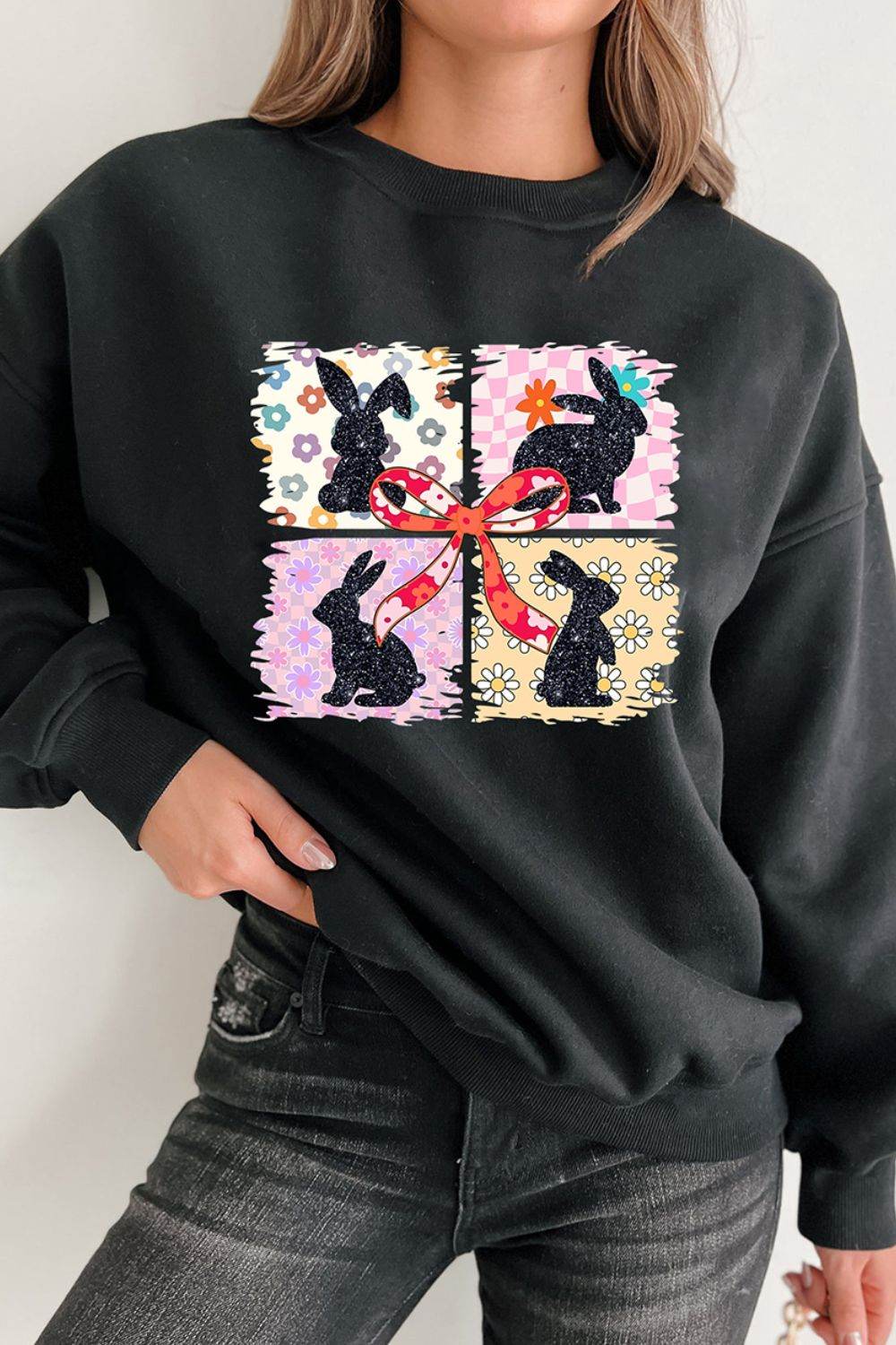 Floral Bunny Plaid Bow Graphic Easter Sweatshirt - Selvanelle