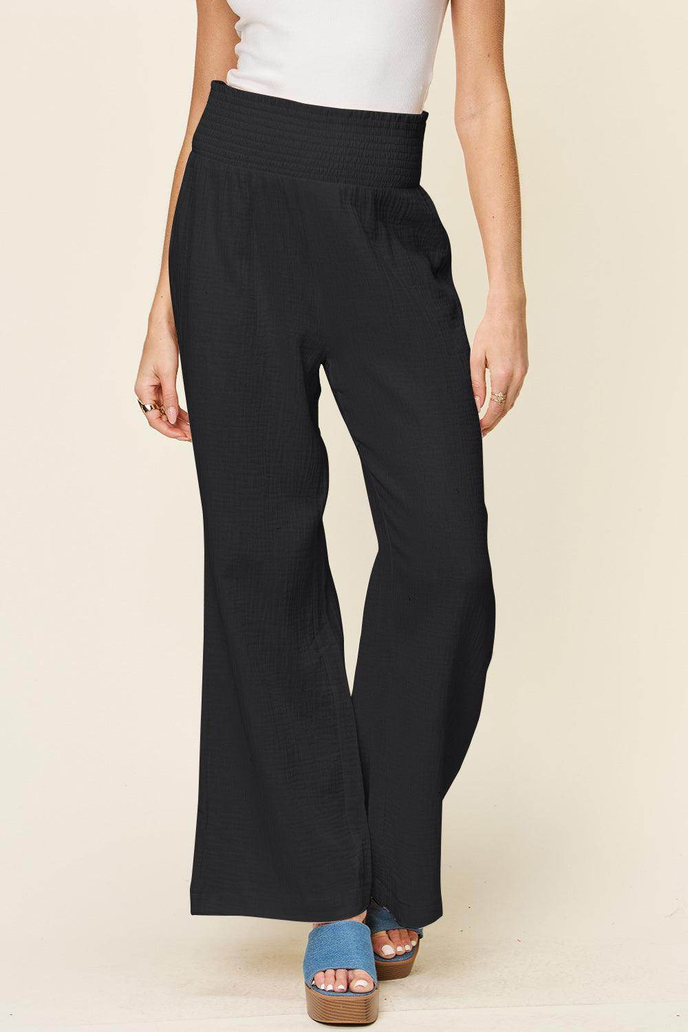 Double Take Full Size Texture Smocked Waist Wide Leg Pants For Women - Selvanelle